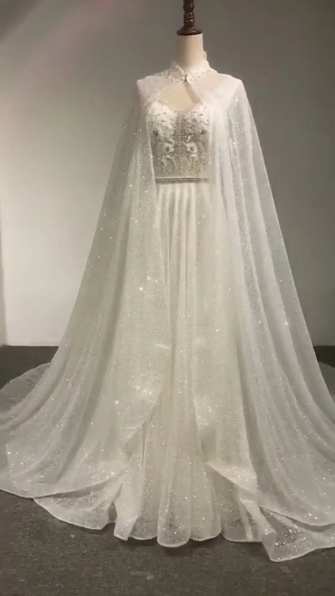 Off shoulder cape glitter fabric shiny looking ball gown skirt bride gowns with ivory and off white color