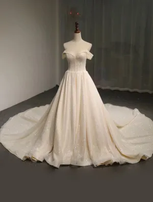 Off shoulder cape glitter fabric shiny looking ball gown skirt bride gowns with ivory and off white color