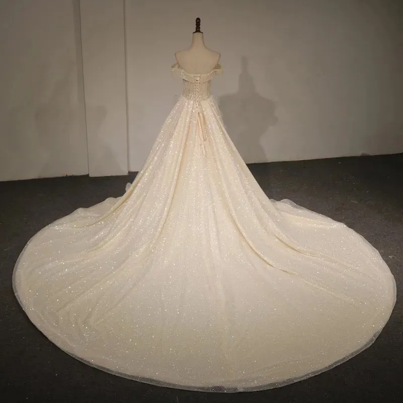 Off shoulder cape glitter fabric shiny looking ball gown skirt bride gowns with ivory and off white color