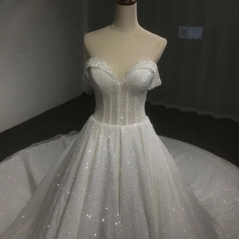 Off shoulder cape glitter fabric shiny looking ball gown skirt bride gowns with ivory and off white color
