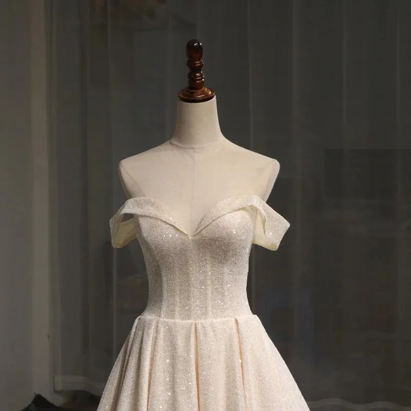 Off shoulder cape glitter fabric shiny looking ball gown skirt bride gowns with ivory and off white color