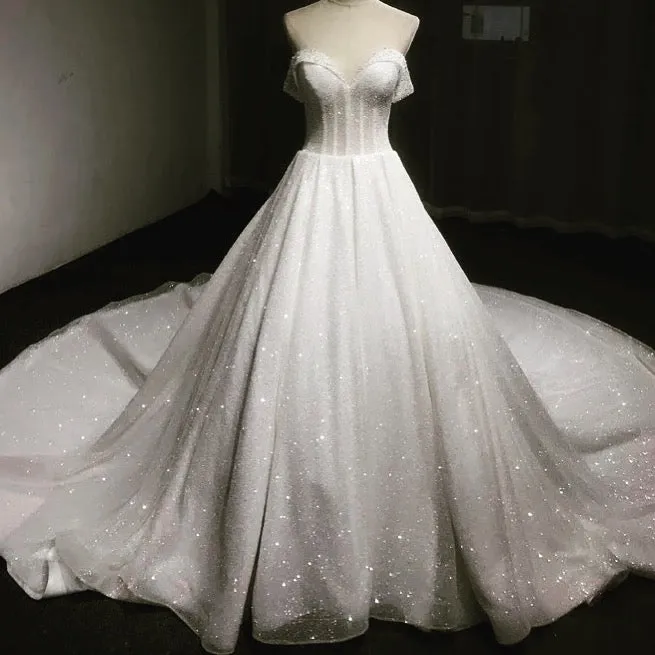 Off shoulder cape glitter fabric shiny looking ball gown skirt bride gowns with ivory and off white color
