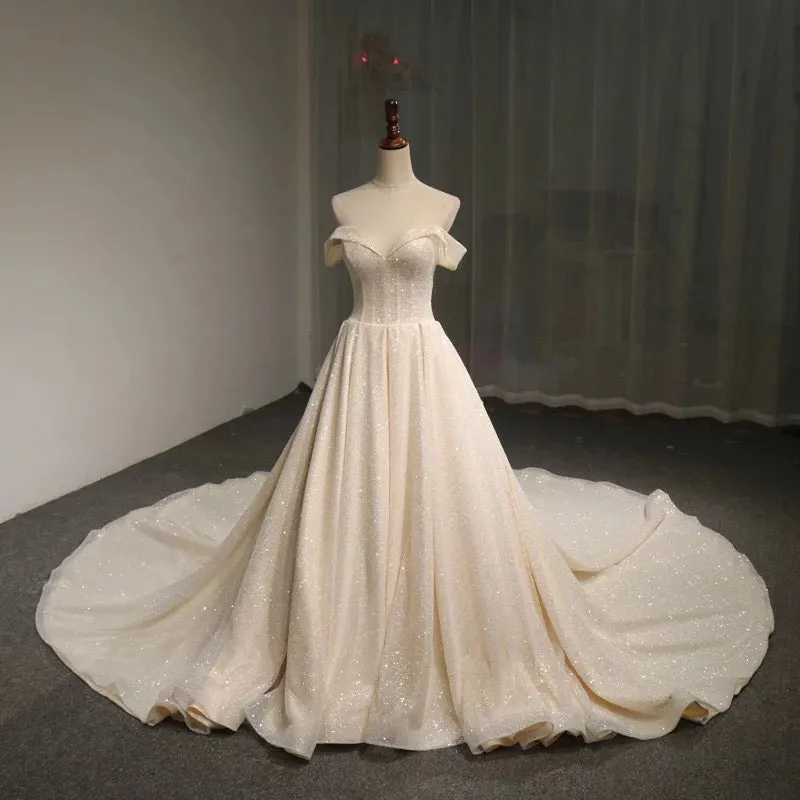 Off shoulder cape glitter fabric shiny looking ball gown skirt bride gowns with ivory and off white color