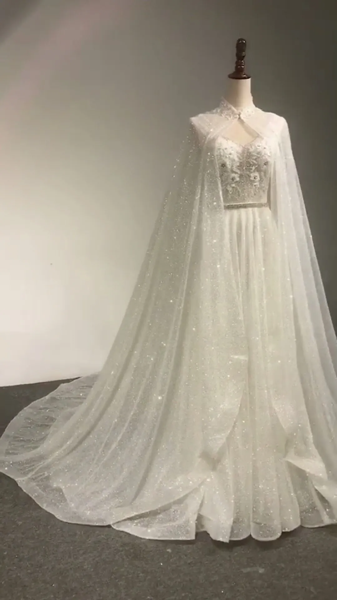 Off shoulder cape glitter fabric shiny looking ball gown skirt bride gowns with ivory and off white color