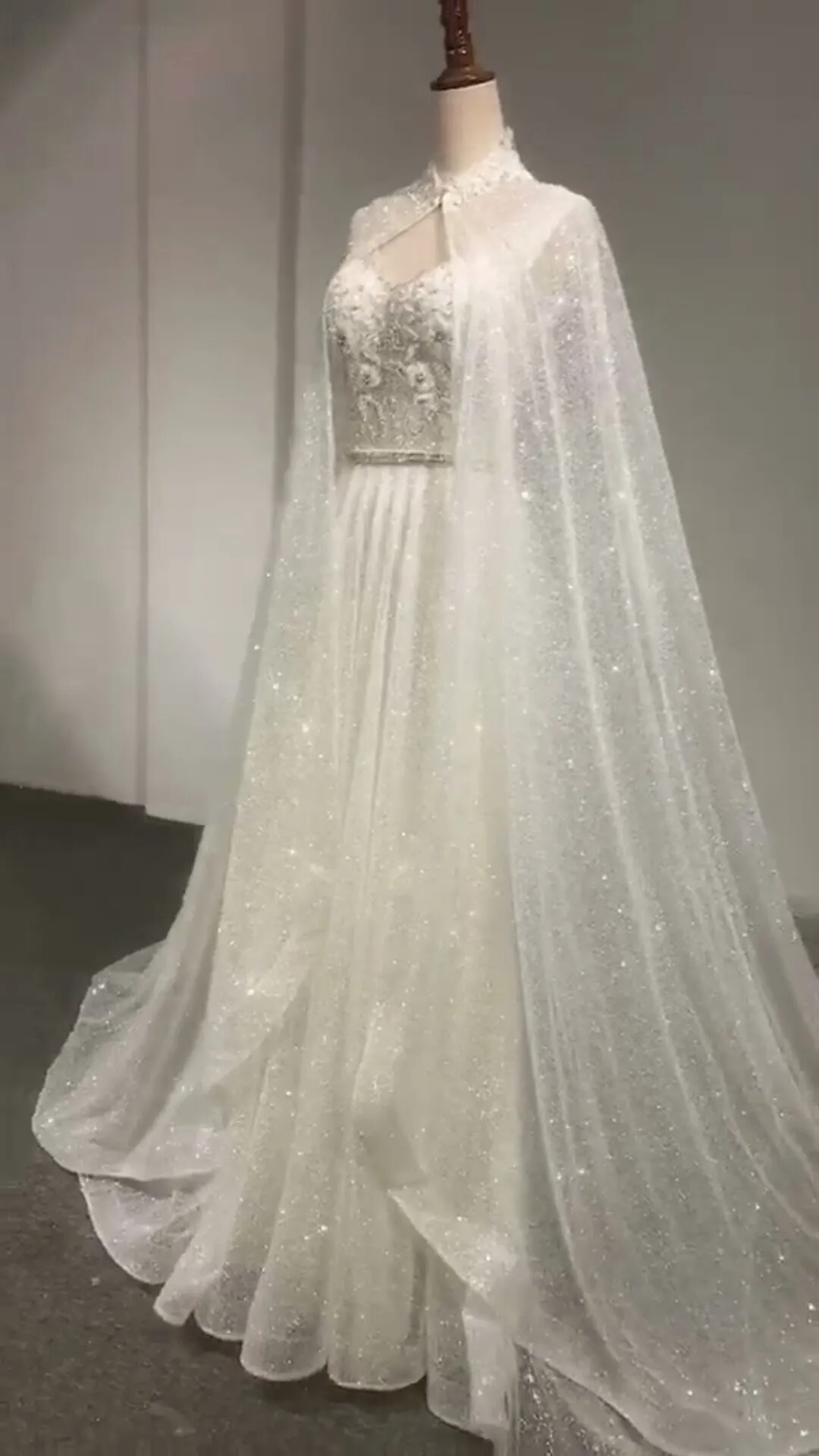 Off shoulder cape glitter fabric shiny looking ball gown skirt bride gowns with ivory and off white color