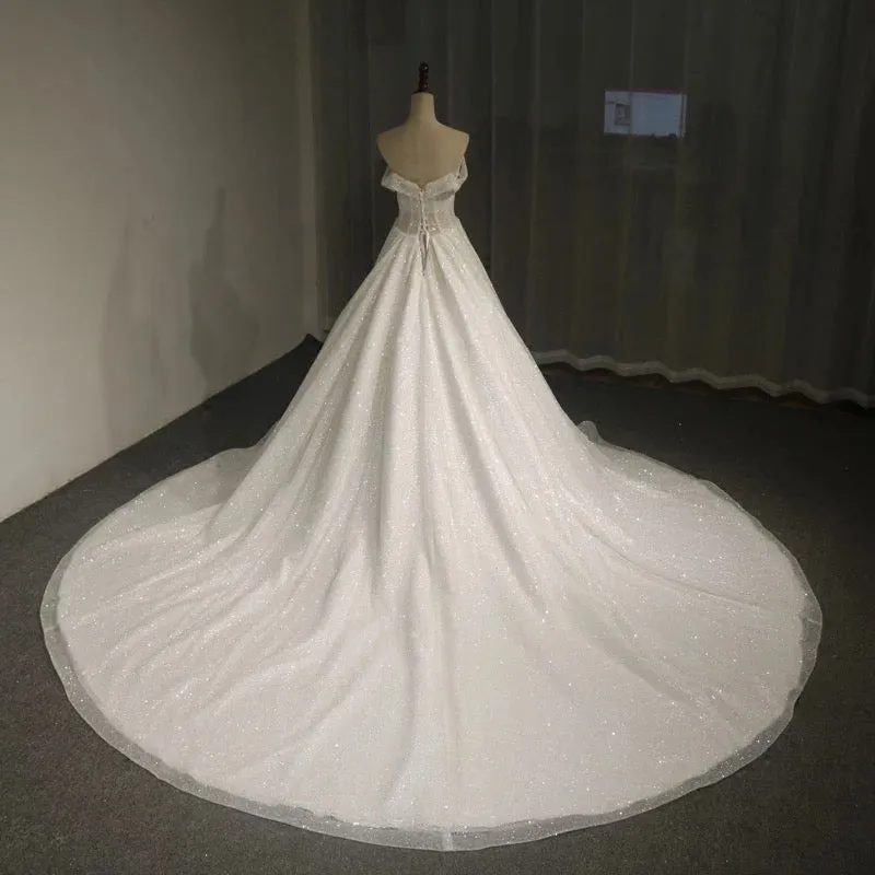 Off shoulder cape glitter fabric shiny looking ball gown skirt bride gowns with ivory and off white color