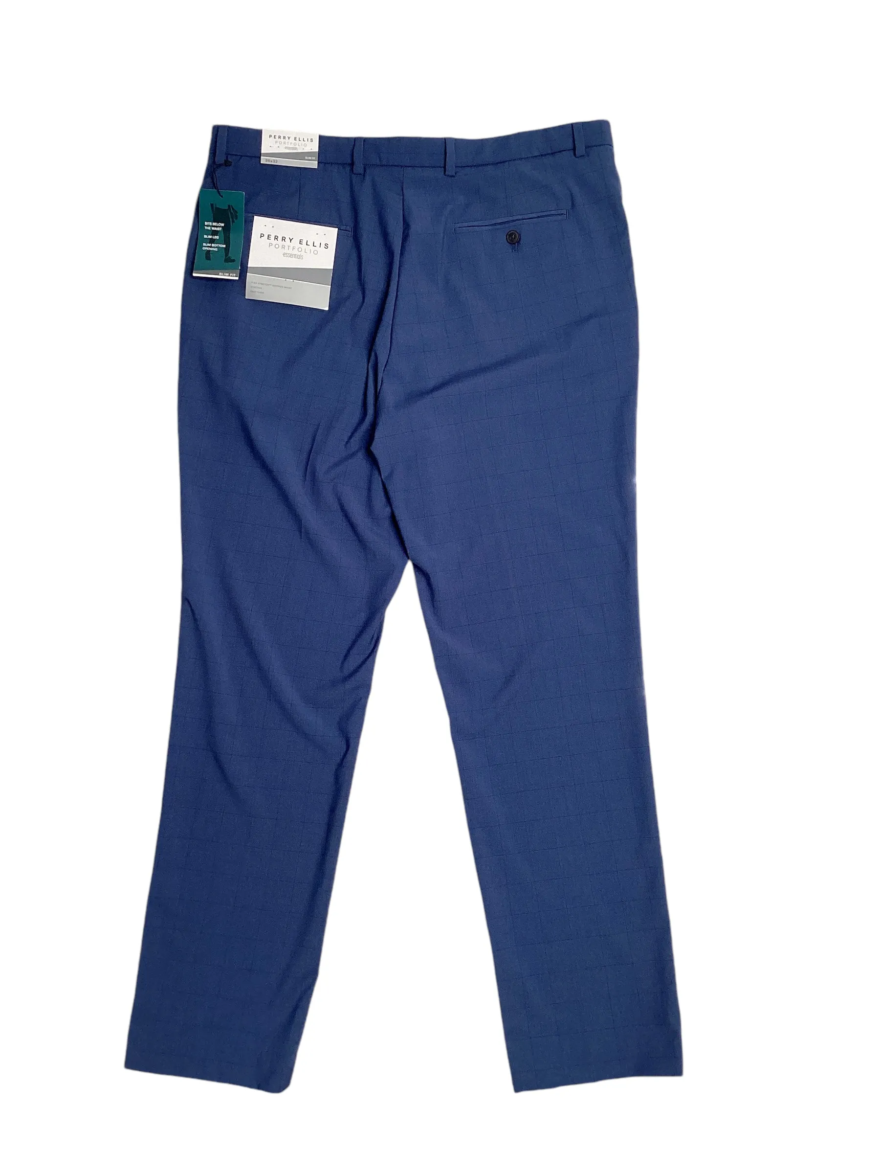 Perry Ellis Portfolio Mens Slim Fit Windowpane Dress Pants Blue 34 x 30