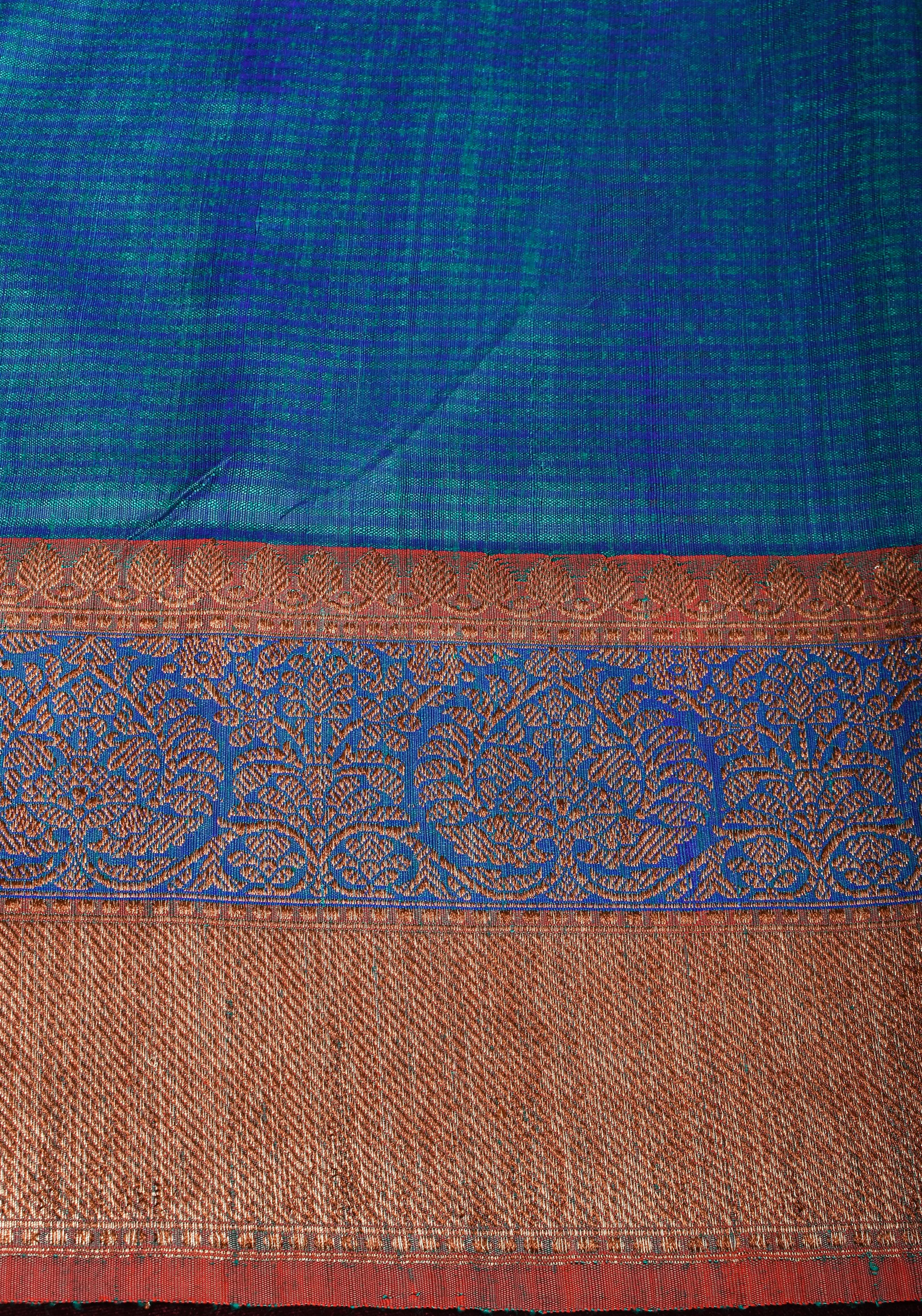 Rama Green Dupion Banarasi Pure Silk Saree with Antique tone zari Kadhuwa Leheria Jaal | SILK MARK CERTIFIED