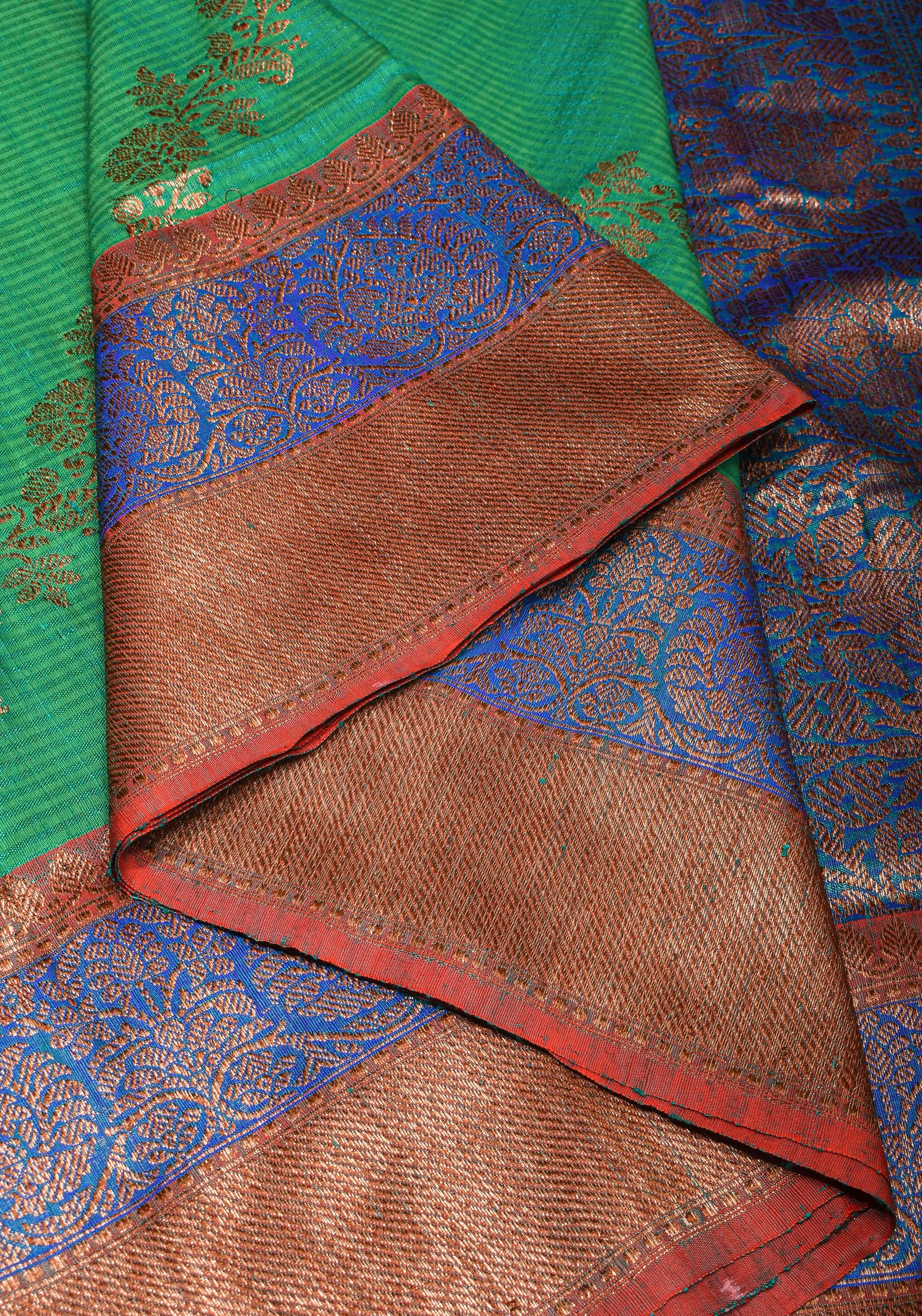 Rama Green Dupion Banarasi Pure Silk Saree with Antique tone zari Kadhuwa Leheria Jaal | SILK MARK CERTIFIED