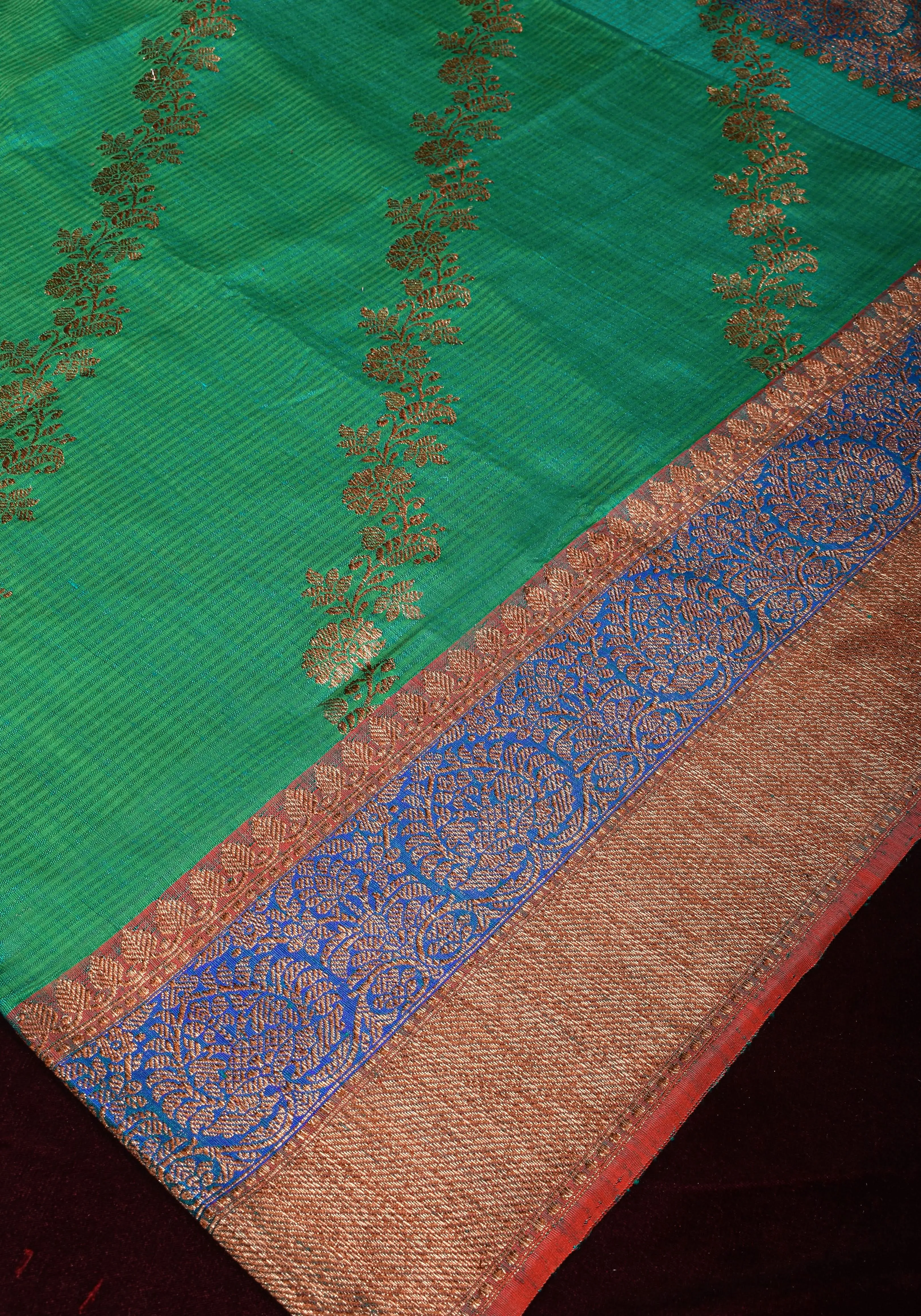 Rama Green Dupion Banarasi Pure Silk Saree with Antique tone zari Kadhuwa Leheria Jaal | SILK MARK CERTIFIED