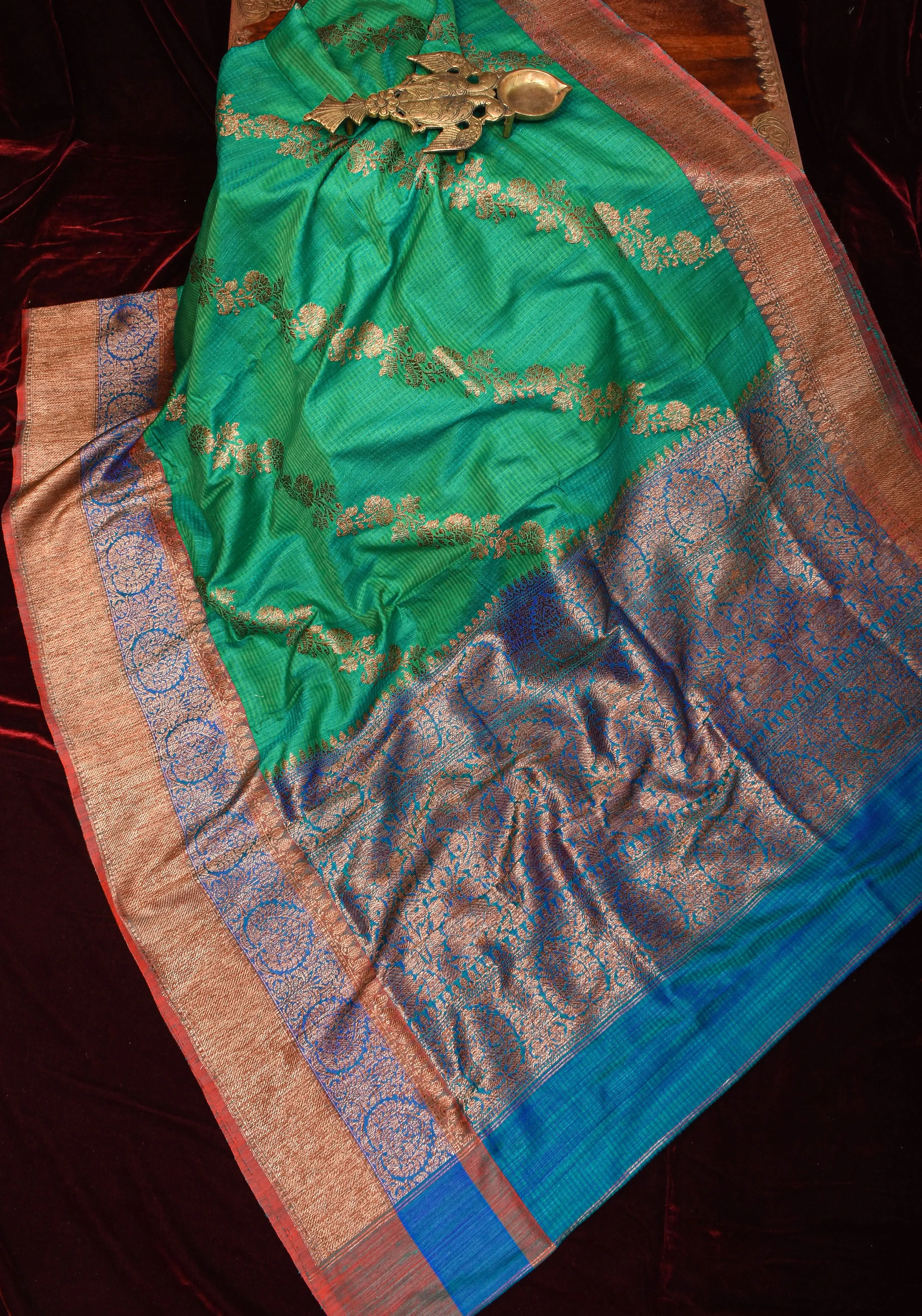 Rama Green Dupion Banarasi Pure Silk Saree with Antique tone zari Kadhuwa Leheria Jaal | SILK MARK CERTIFIED
