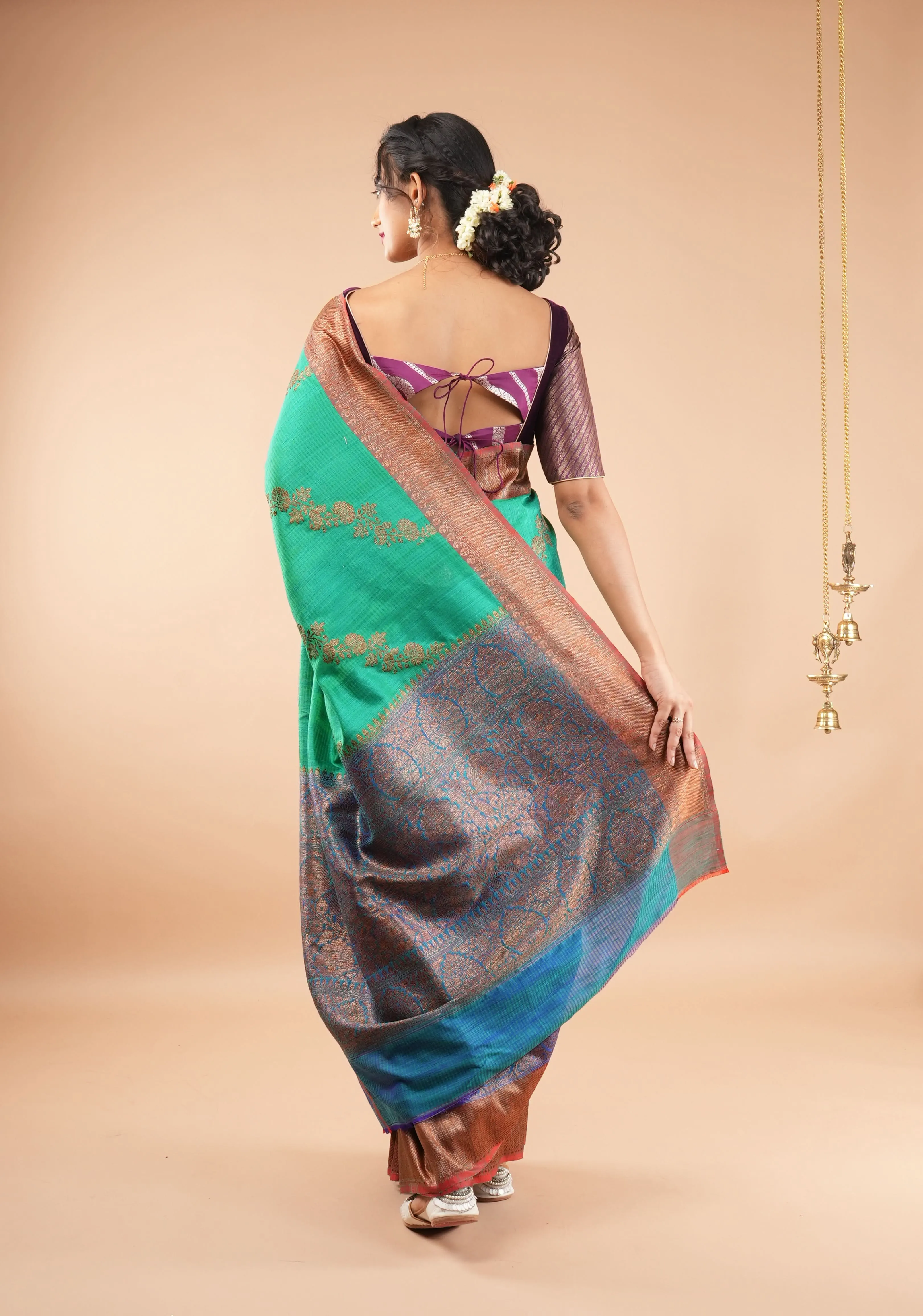 Rama Green Dupion Banarasi Pure Silk Saree with Antique tone zari Kadhuwa Leheria Jaal | SILK MARK CERTIFIED