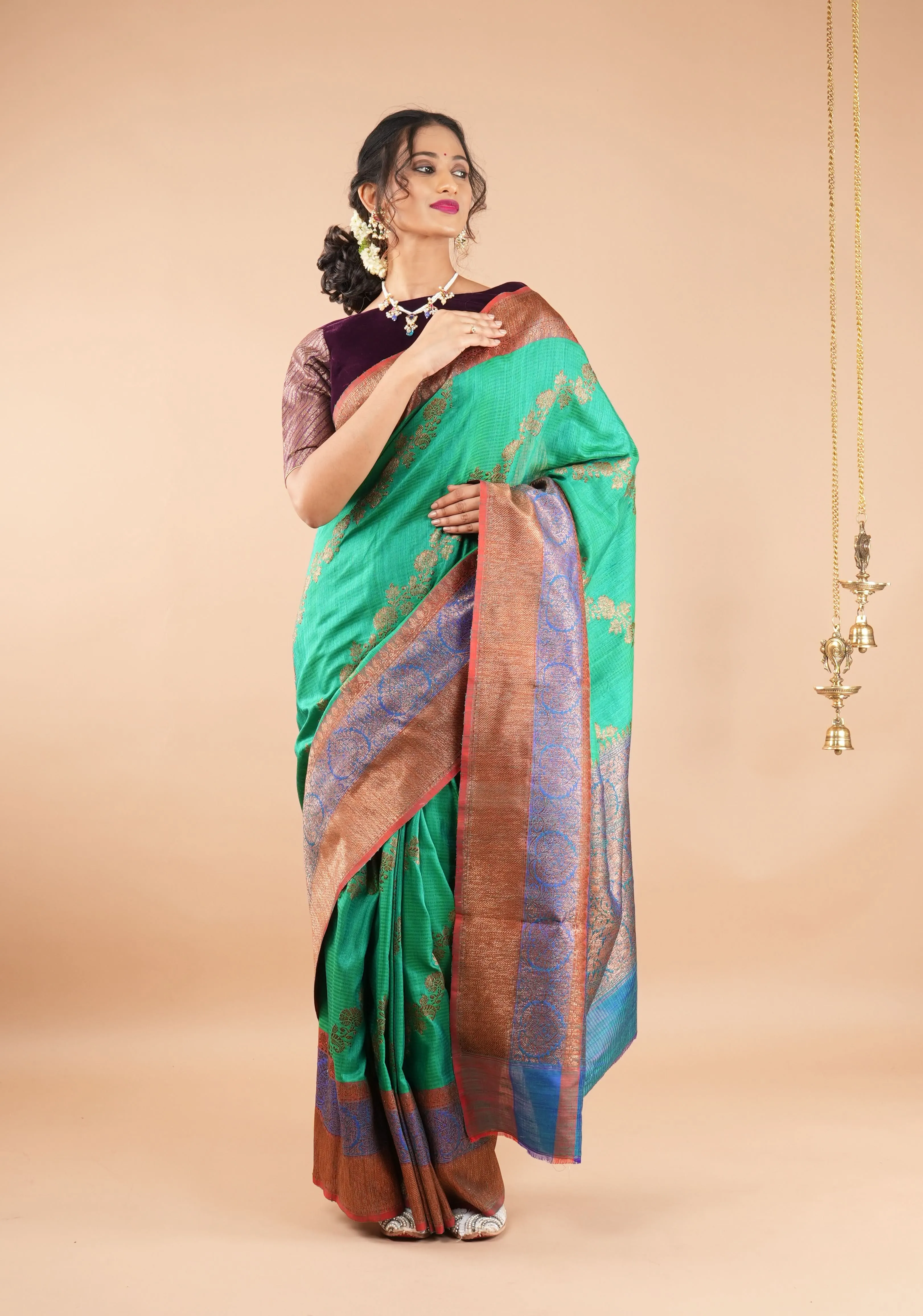 Rama Green Dupion Banarasi Pure Silk Saree with Antique tone zari Kadhuwa Leheria Jaal | SILK MARK CERTIFIED