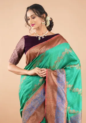 Rama Green Dupion Banarasi Pure Silk Saree with Antique tone zari Kadhuwa Leheria Jaal | SILK MARK CERTIFIED