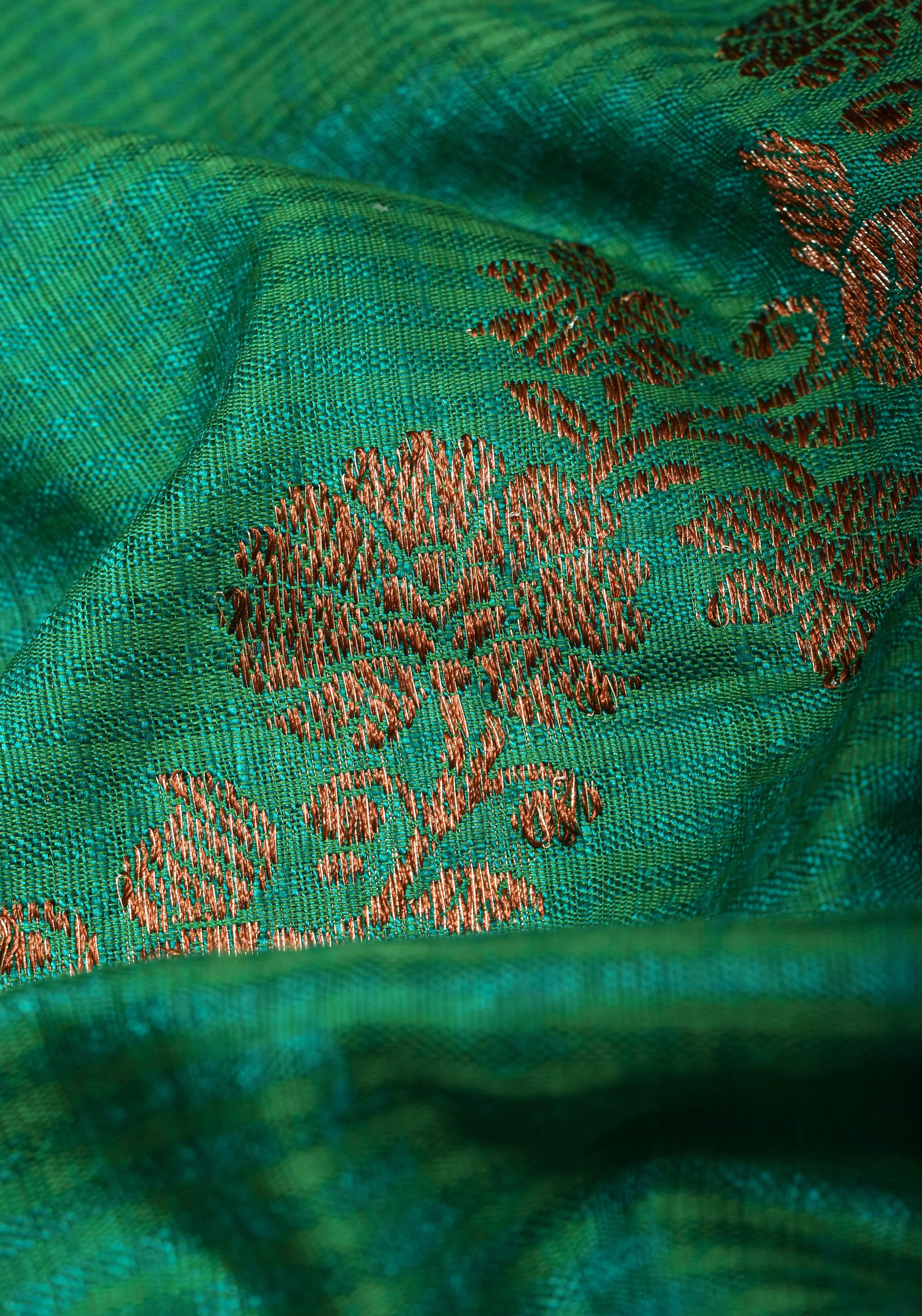 Rama Green Dupion Banarasi Pure Silk Saree with Antique tone zari Kadhuwa Leheria Jaal | SILK MARK CERTIFIED