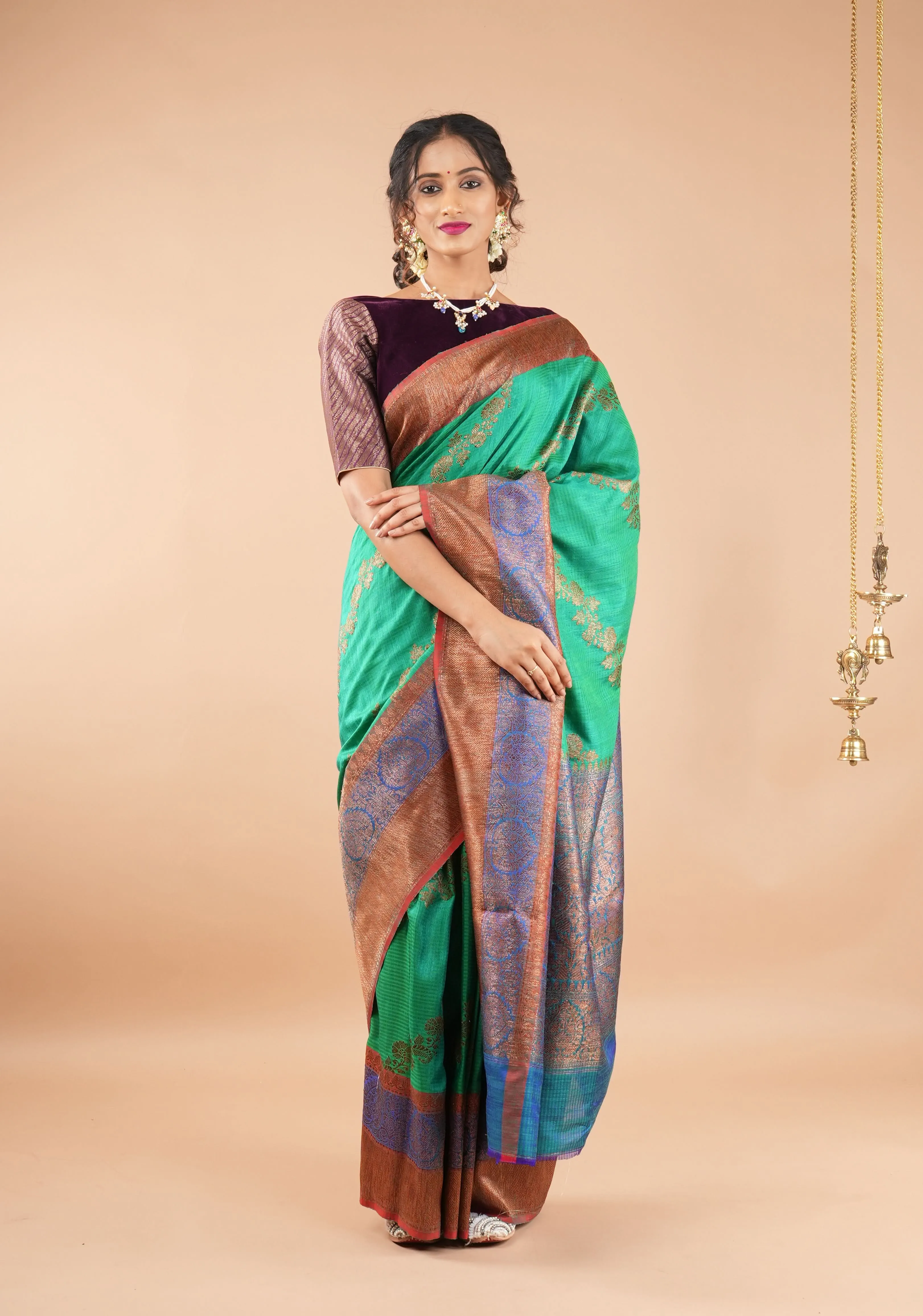 Rama Green Dupion Banarasi Pure Silk Saree with Antique tone zari Kadhuwa Leheria Jaal | SILK MARK CERTIFIED