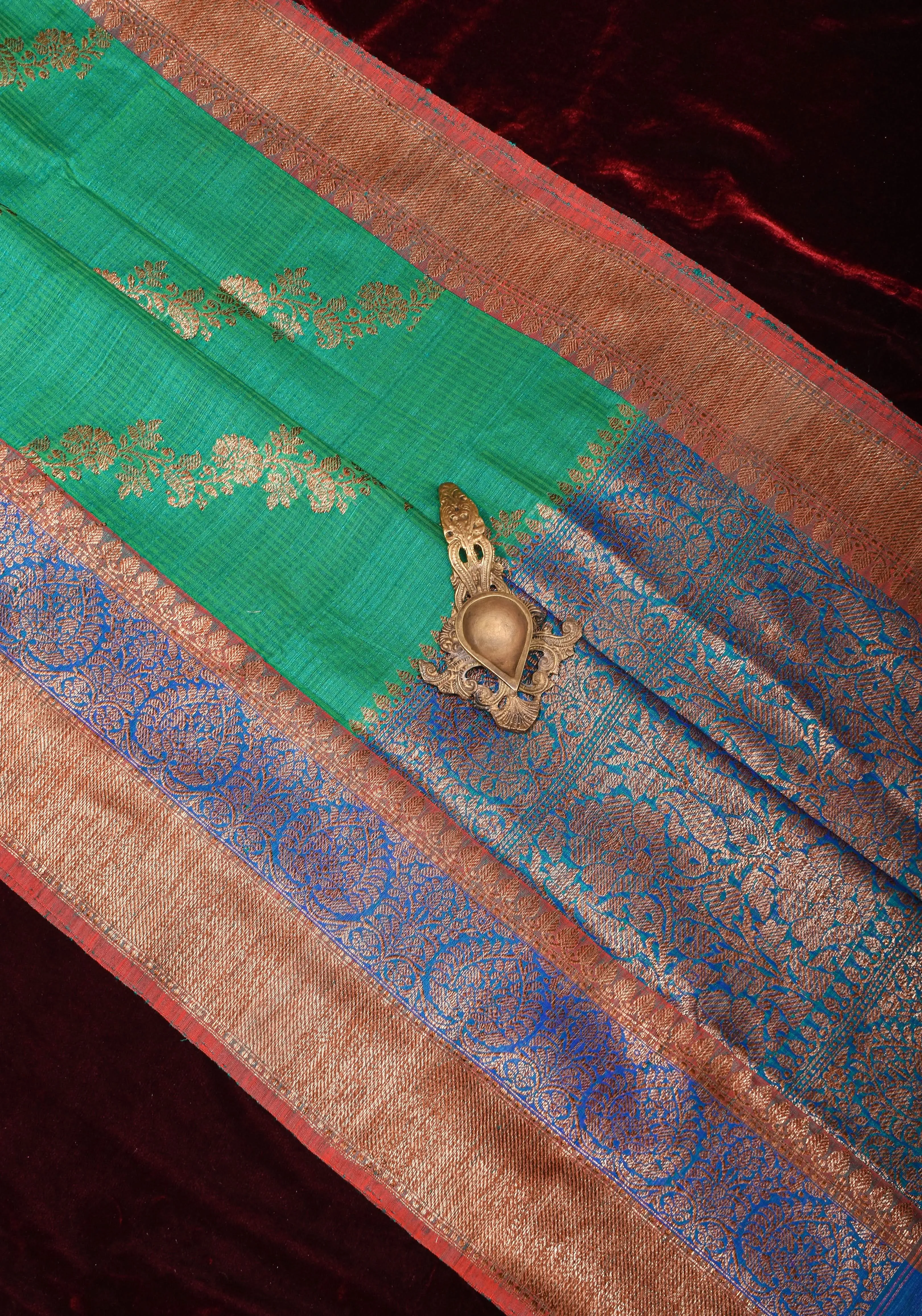 Rama Green Dupion Banarasi Pure Silk Saree with Antique tone zari Kadhuwa Leheria Jaal | SILK MARK CERTIFIED