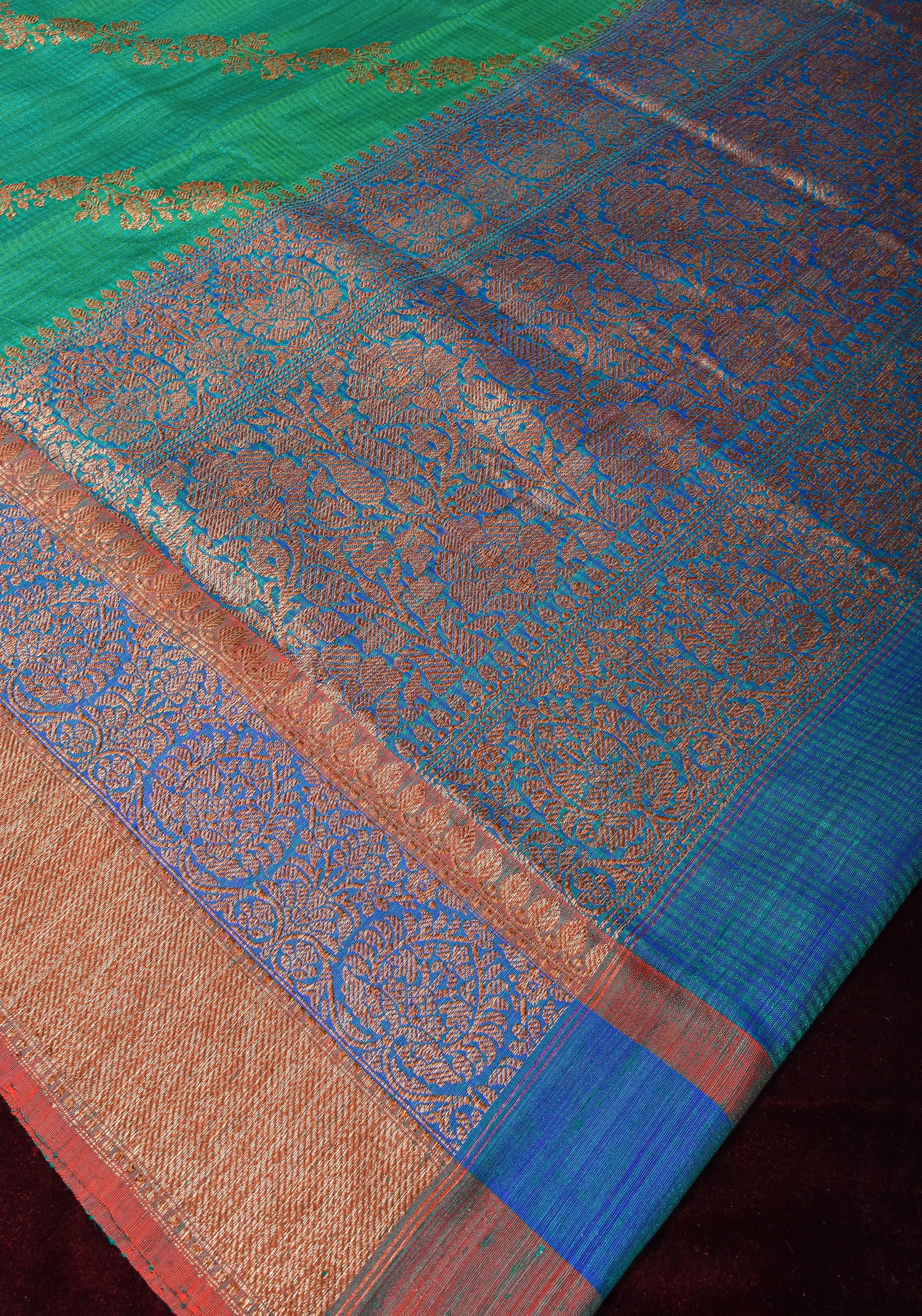 Rama Green Dupion Banarasi Pure Silk Saree with Antique tone zari Kadhuwa Leheria Jaal | SILK MARK CERTIFIED