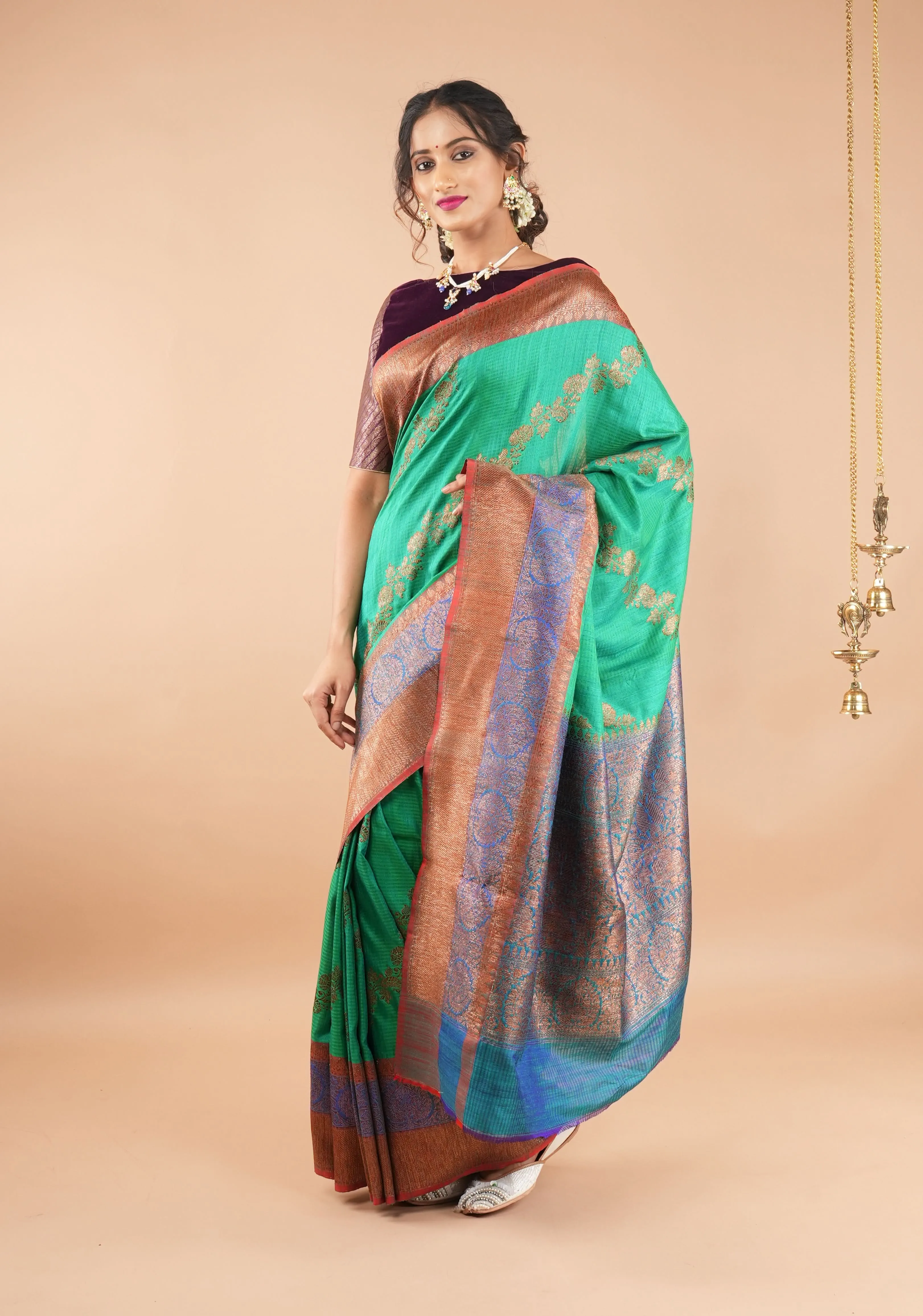 Rama Green Dupion Banarasi Pure Silk Saree with Antique tone zari Kadhuwa Leheria Jaal | SILK MARK CERTIFIED