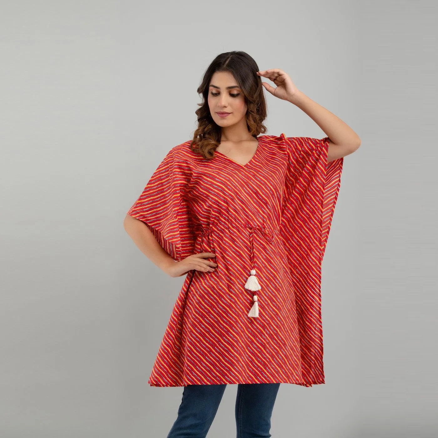 Red Leheriya Print Cotton Kaftan Dress (SHKUP1223)