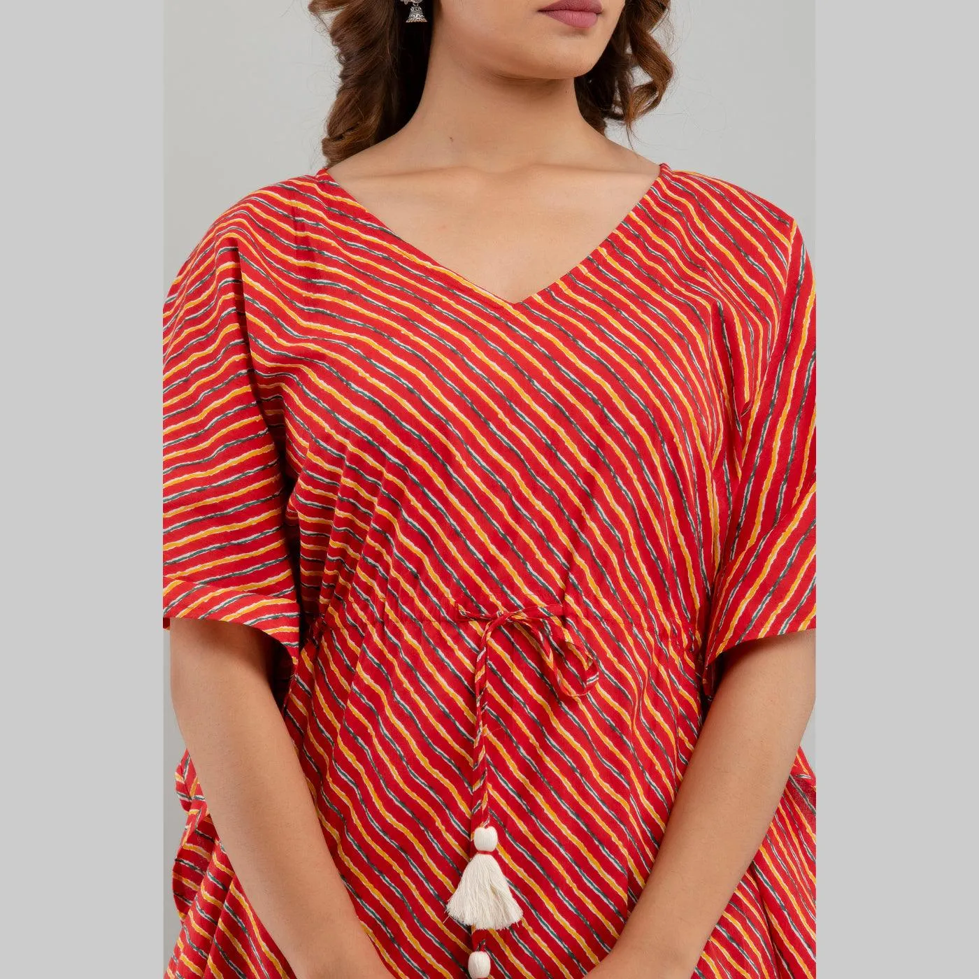Red Leheriya Print Cotton Kaftan Dress (SHKUP1223)