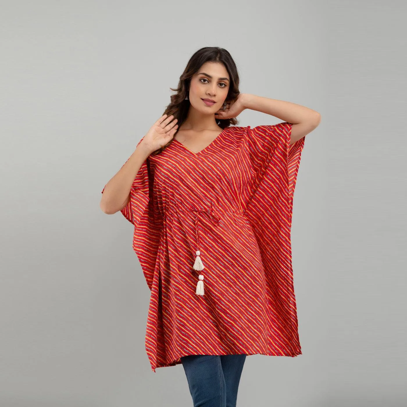 Red Leheriya Print Cotton Kaftan Dress (SHKUP1223)