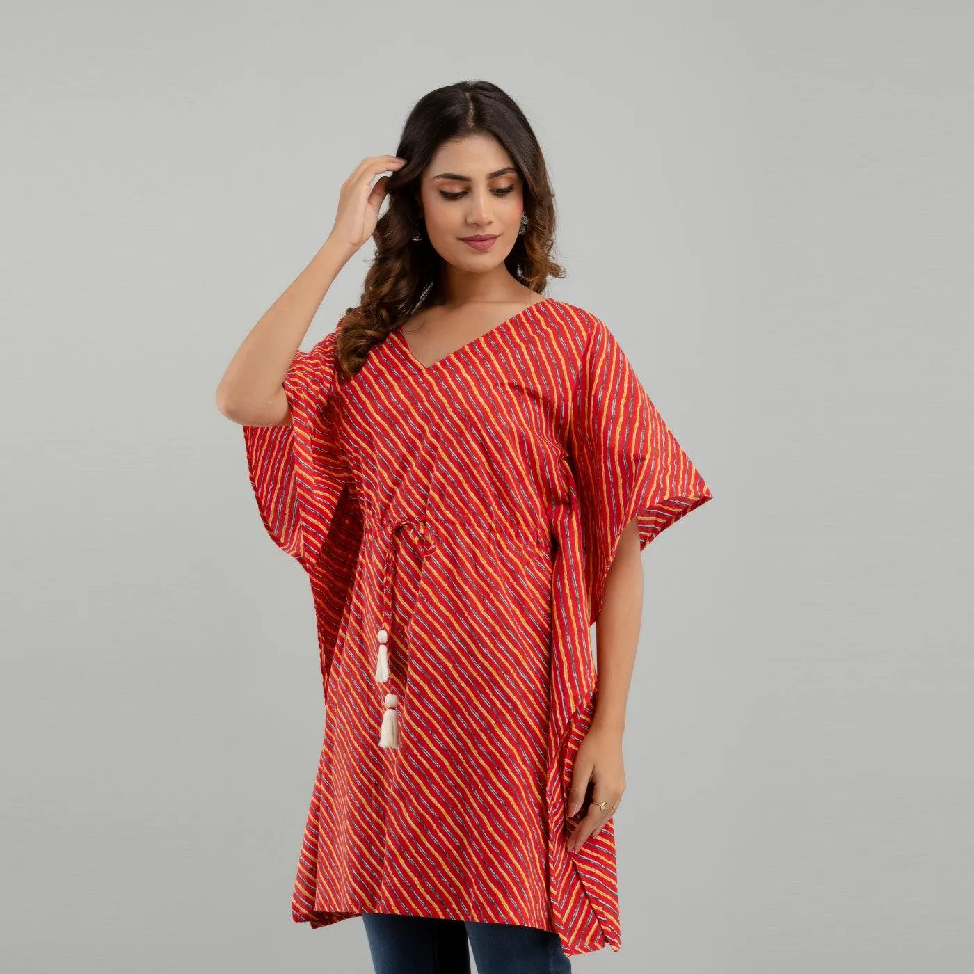 Red Leheriya Print Cotton Kaftan Dress (SHKUP1223)