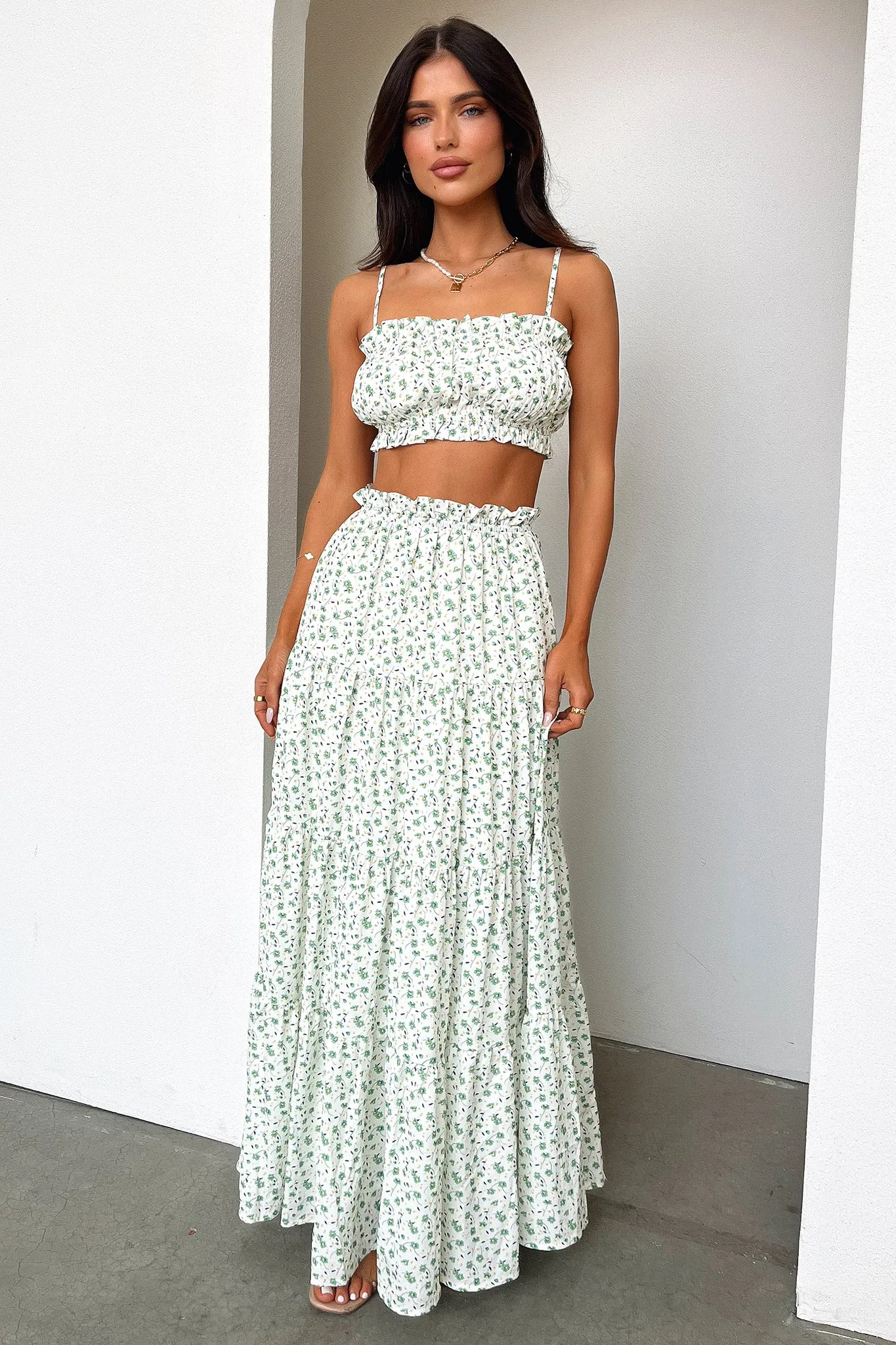 Selina Tiered Maxi Skirt - Green Floral