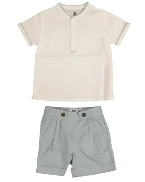 set outfit contrast bindings mandarin collar shirt and shorts - white/light blue