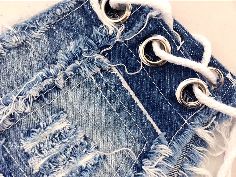 Sexy Spice Girls' Lace-up Low-rise Denim Hot Shorts With Tassel