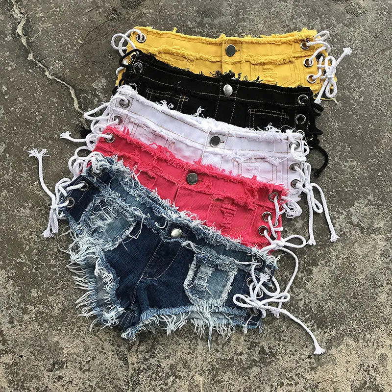 Sexy Spice Girls' Lace-up Low-rise Denim Hot Shorts With Tassel