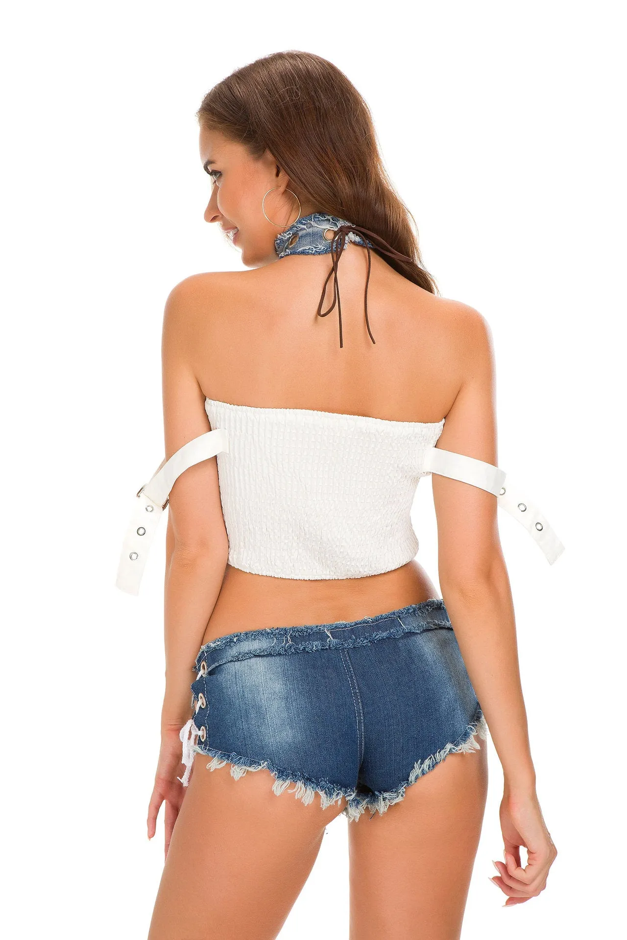 Sexy Spice Girls' Lace-up Low-rise Denim Hot Shorts With Tassel