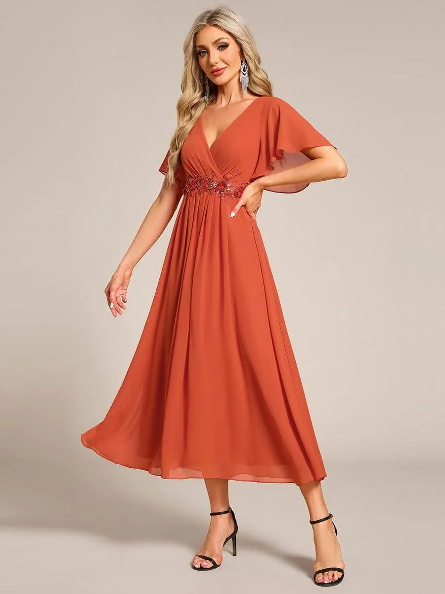 Short Sleeve V Neck Knee Length Mother of the Bride Dress