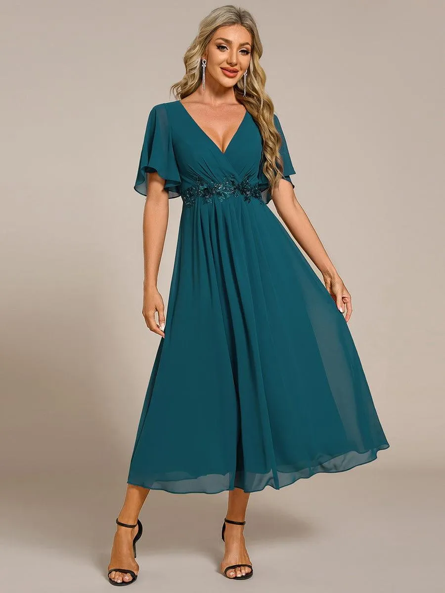 Short Sleeve V Neck Knee Length Mother of the Bride Dress