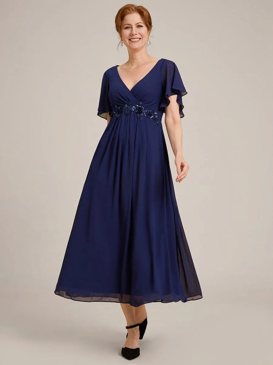 Short Sleeve V Neck Knee Length Mother of the Bride Dress