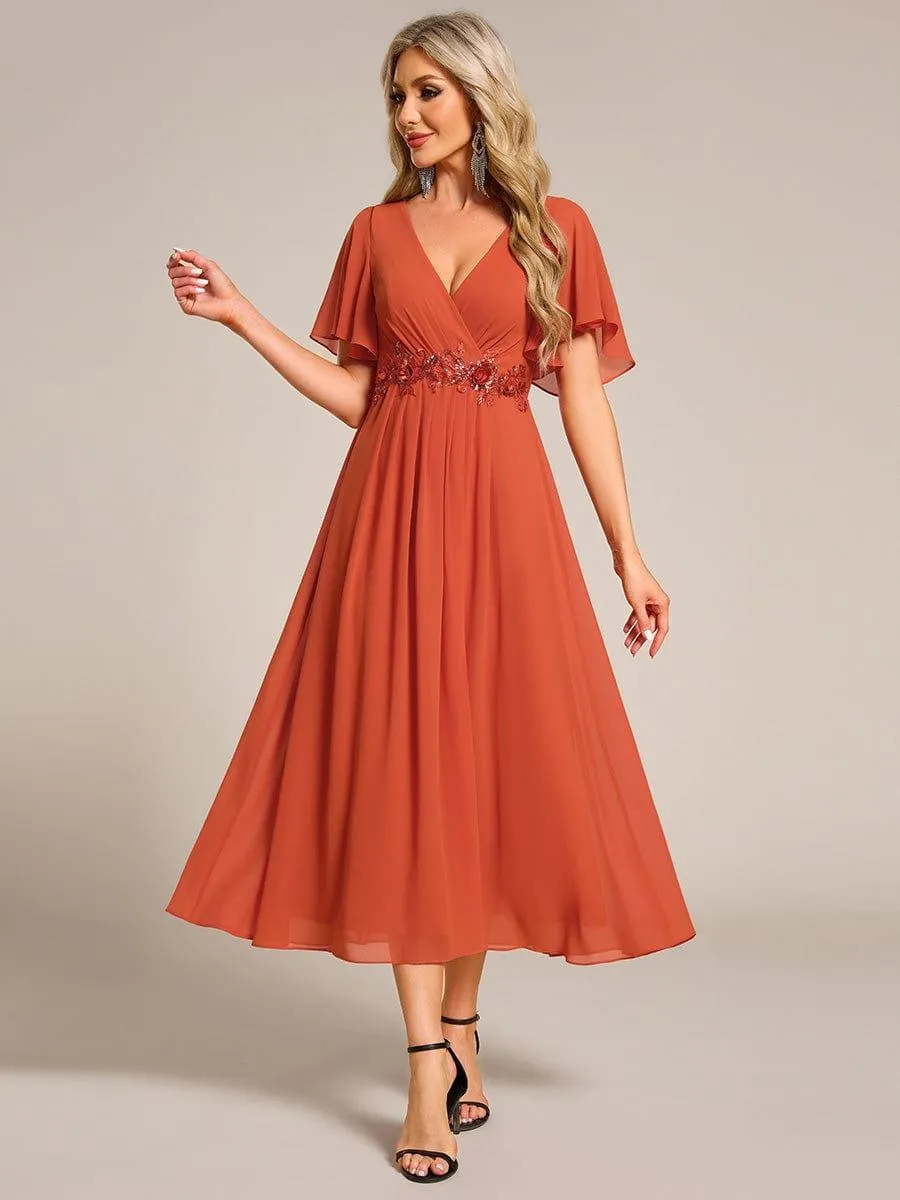 Short Sleeve V Neck Knee Length Mother of the Bride Dress