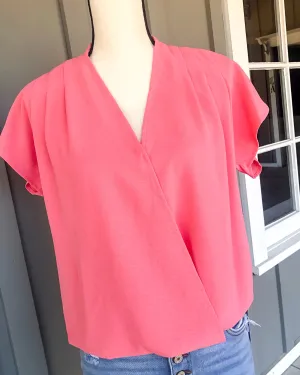 Short Sleeve Wrap Front Solid Top - Coral