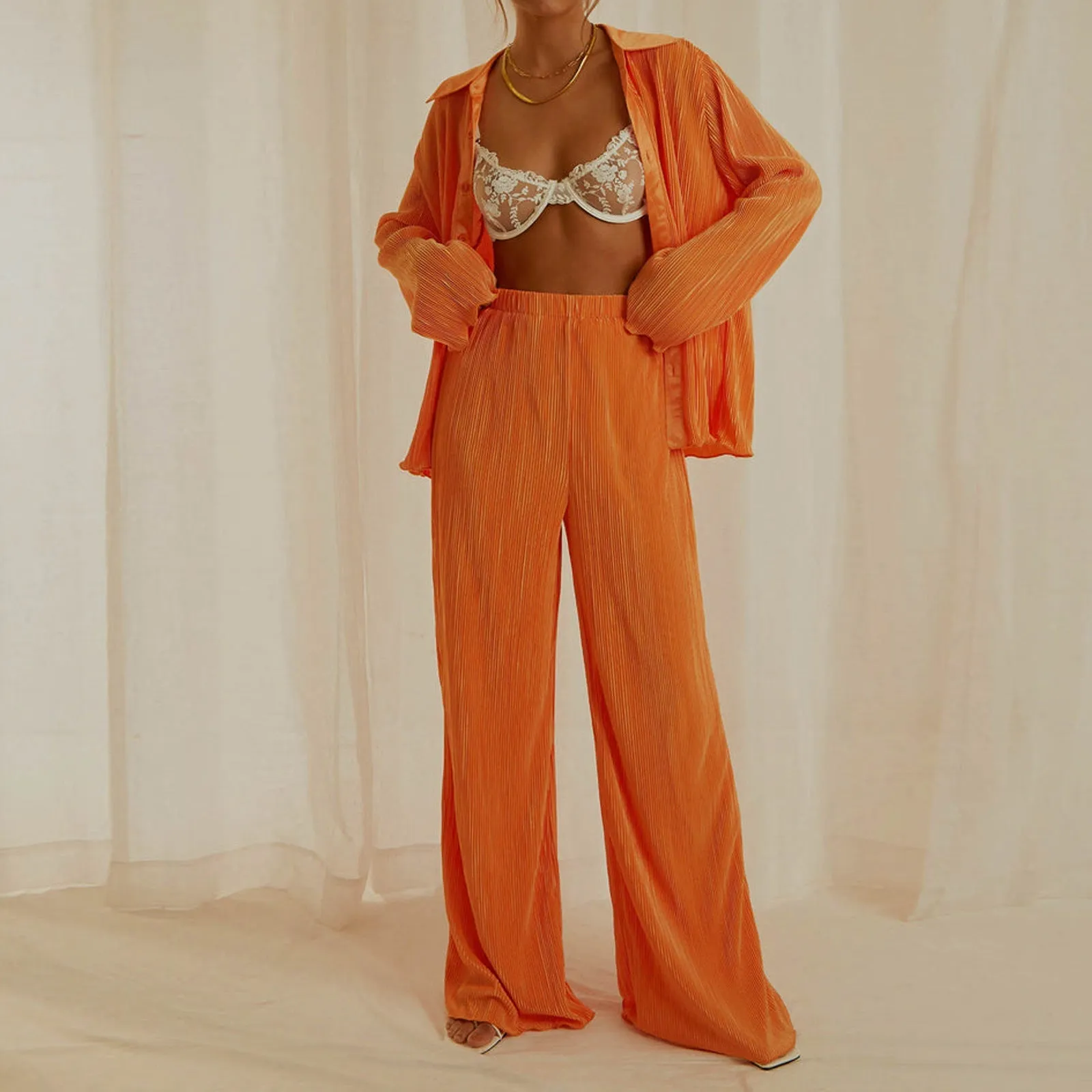 Solid Pleated Long Sleeves Spring and Summer 2 Pieces Suit