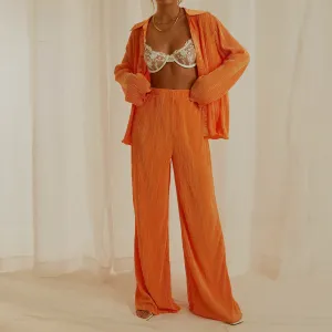 Solid Pleated Long Sleeves Spring and Summer 2 Pieces Suit