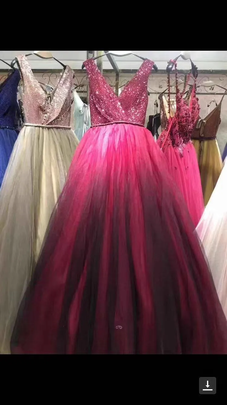 Sparking glitter chic gradient red blue gray prom event dress 2020