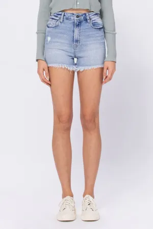 The Sofie Light Wash Denim Frayed Hem Mom Shorts