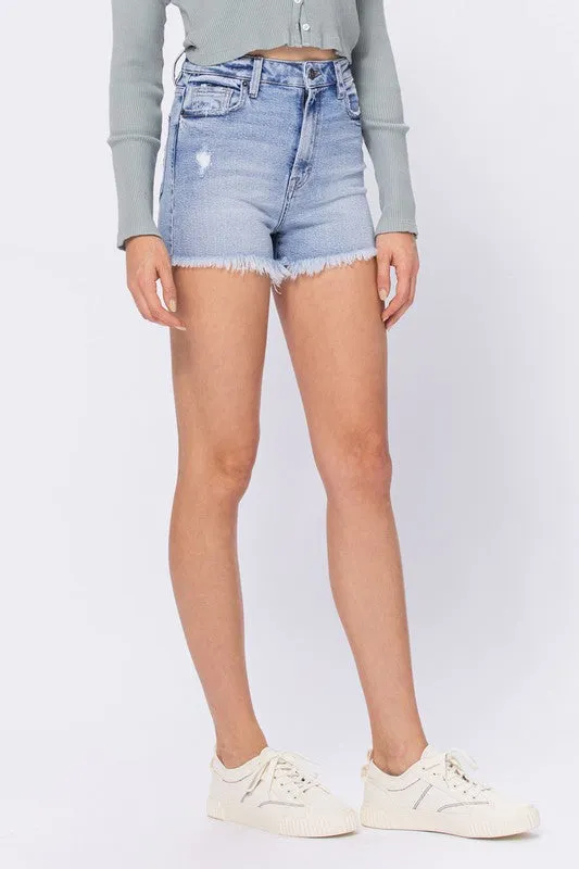 The Sofie Light Wash Denim Frayed Hem Mom Shorts