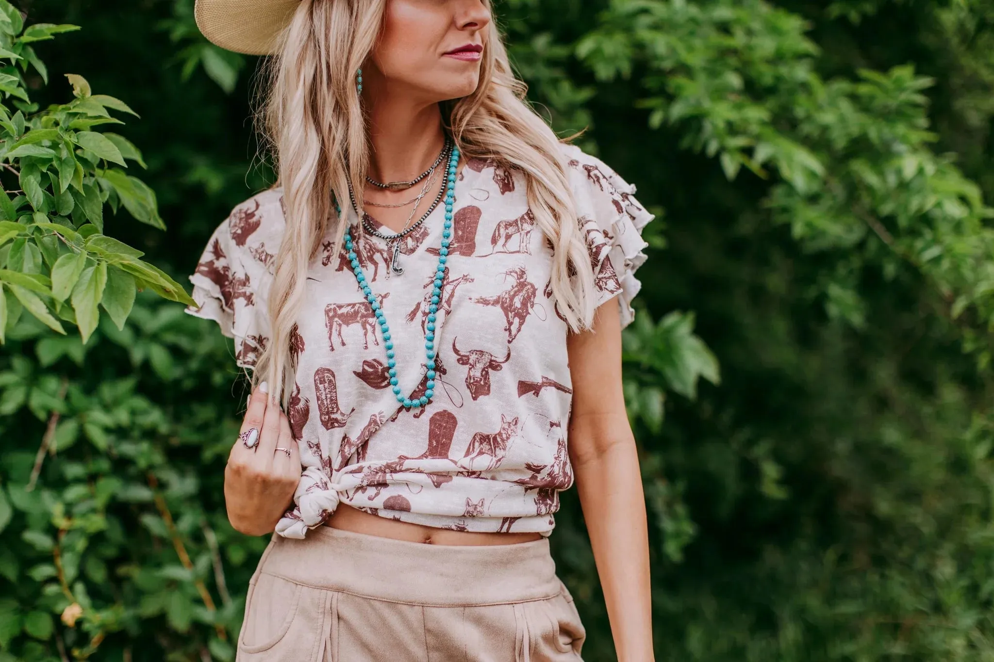 Western Charm Ruffle Sleeves Tee