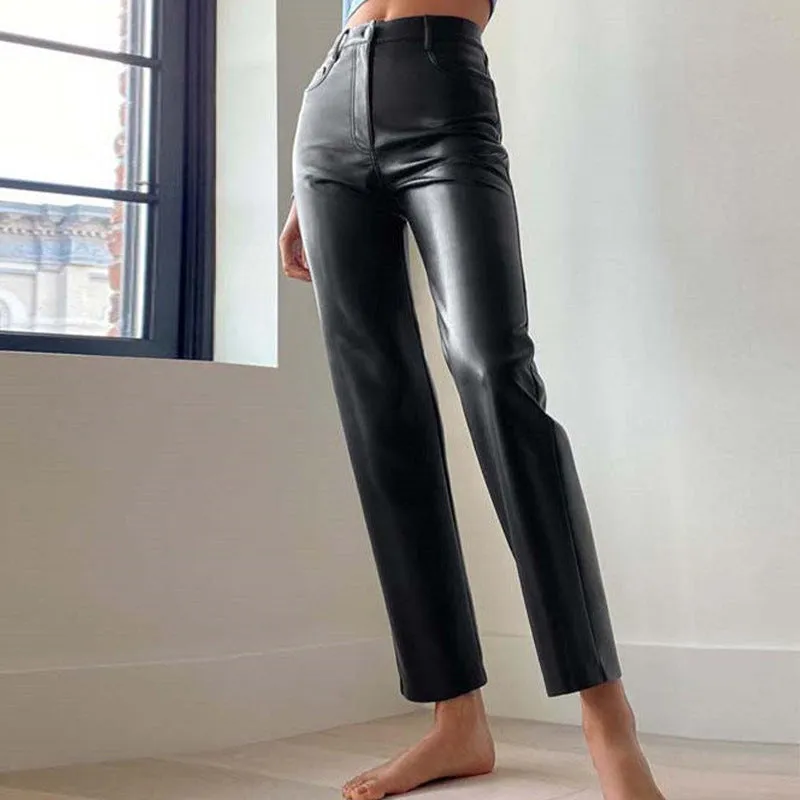 Women's Fashion PU Leather High-Waisted Straight Casual Pants