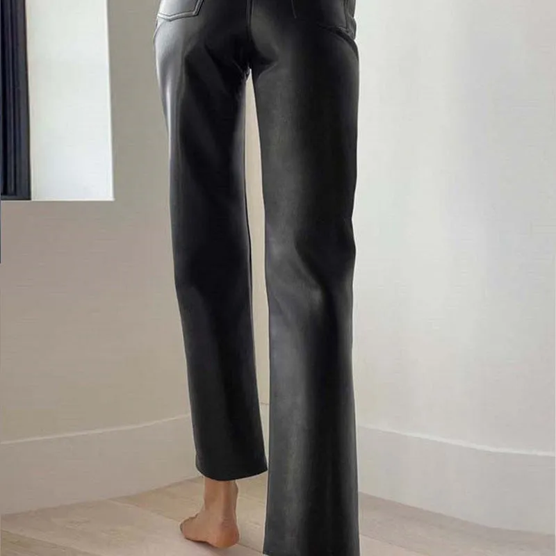 Women's Fashion PU Leather High-Waisted Straight Casual Pants